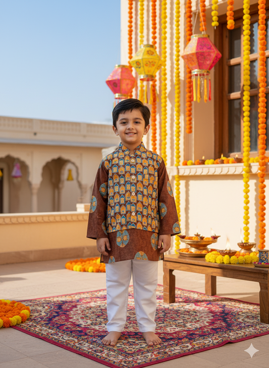 Brown Ajrakh Jacket with Kurta -Pyjama