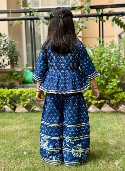 Purple and Blue Floral Printed Gathered Kurta with Palazzo
