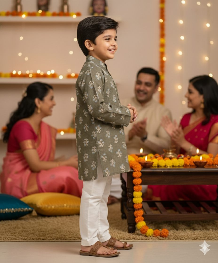 Olive green block printed Kurta -Pyjama