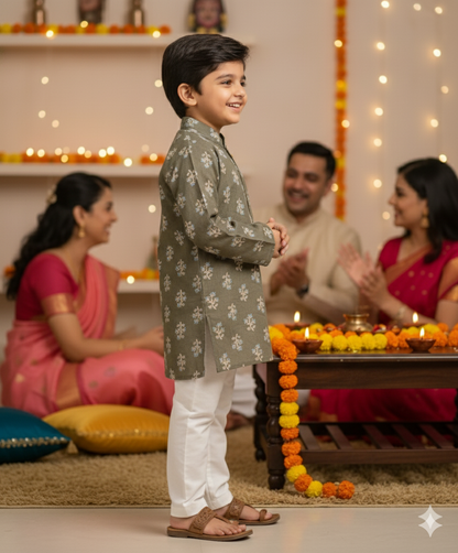 Olive green block printed Kurta -Pyjama