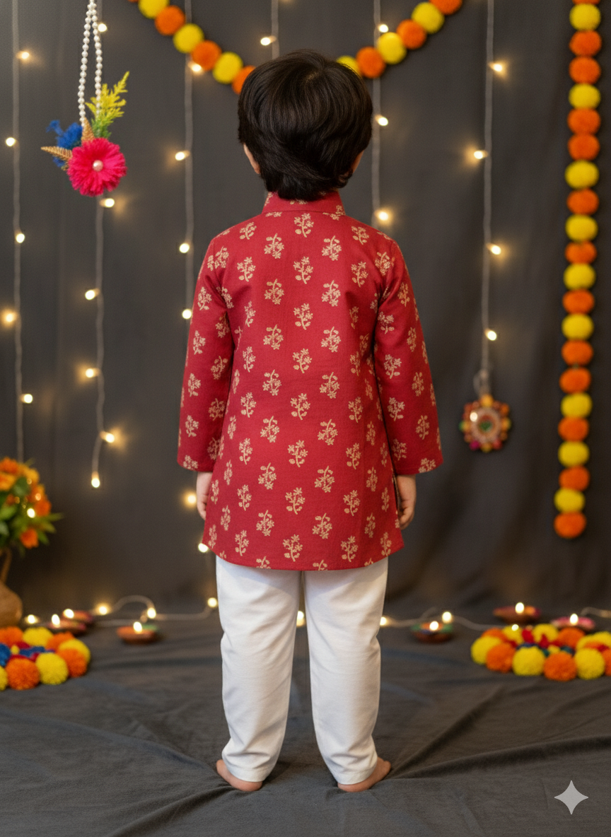 Mehroon Colour Block Print Kurta Pyjama