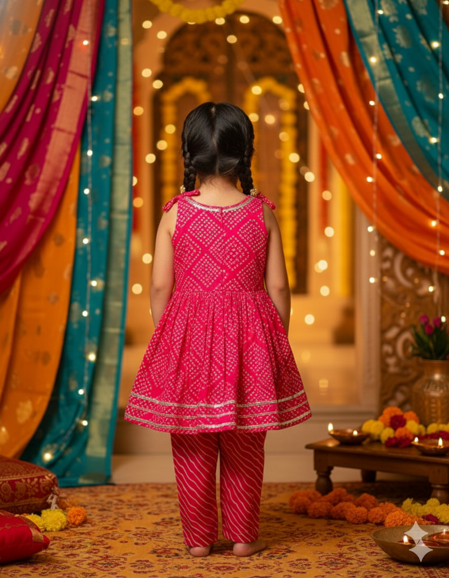 Jaipuri Print Rani Pink Colour Girls Flare Suit Set