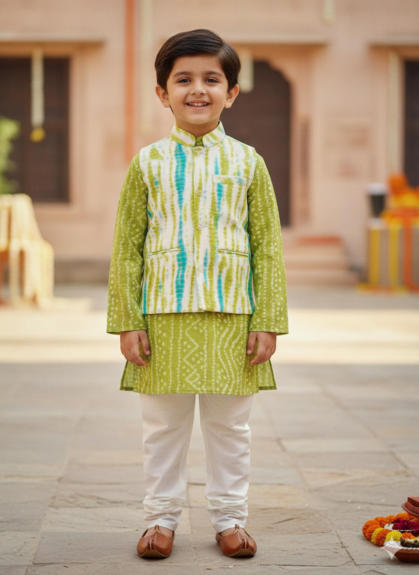 Parrot Green Tie and Dye Jacket with Bandhej Kurta -Pyjama