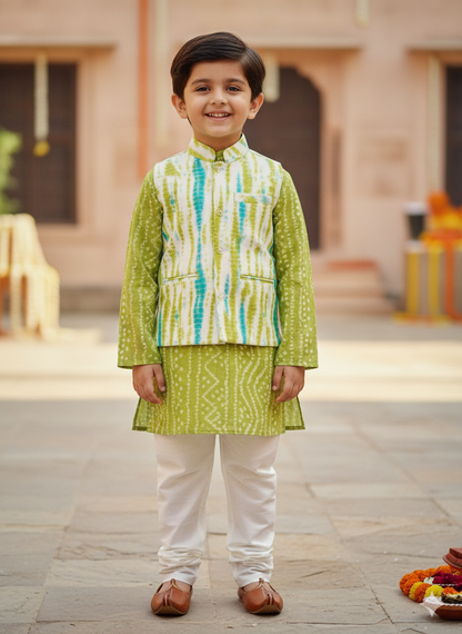 Parrot Green Tie and Dye Jacket with Bandhej Kurta -Pyjama