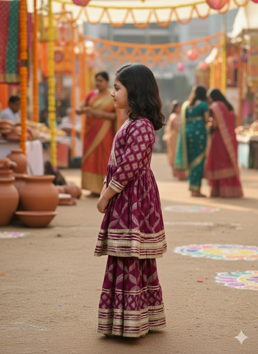 Jaal Butta  Print Wine Coloured Anarkali Suit with Sharara