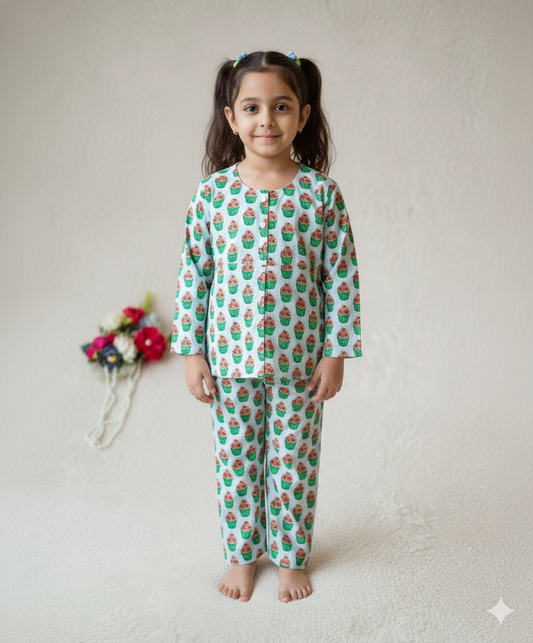Cupcake Printed Green Color Night Suit