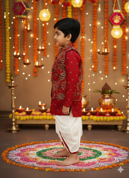 Maroon block printed Jacket with Kurta -Dhoti