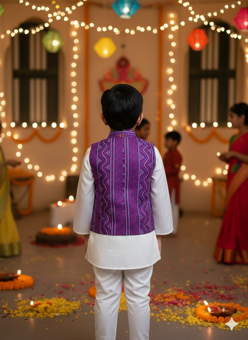 Purple Bandhej Jacket With Lurex Kurta Pyjama