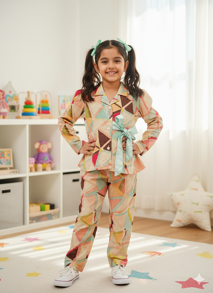 Peach Colour geometric Print Girls Co-Ord Set