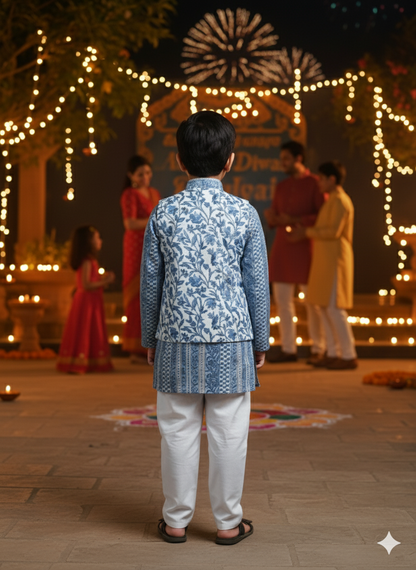 Grey -white block print Jacket with Kurta -Pyjama