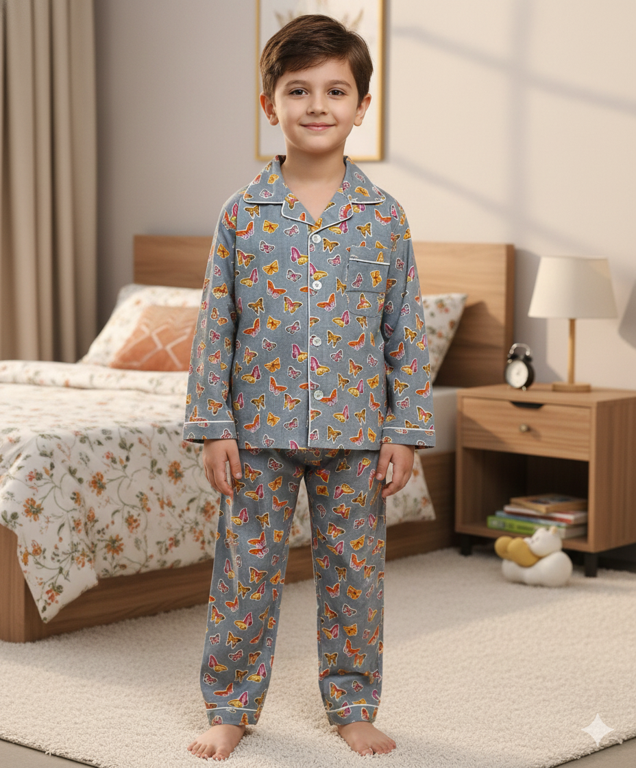 Butterfly Print Grey Colour Night Suit