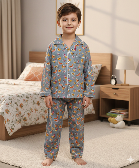 Butterfly Print Grey Colour Night Suit