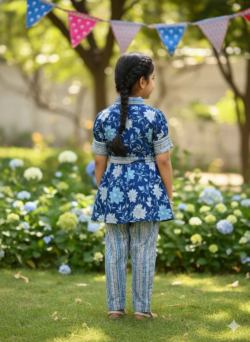 Flower Print Blue Colour Girls Co-Ords