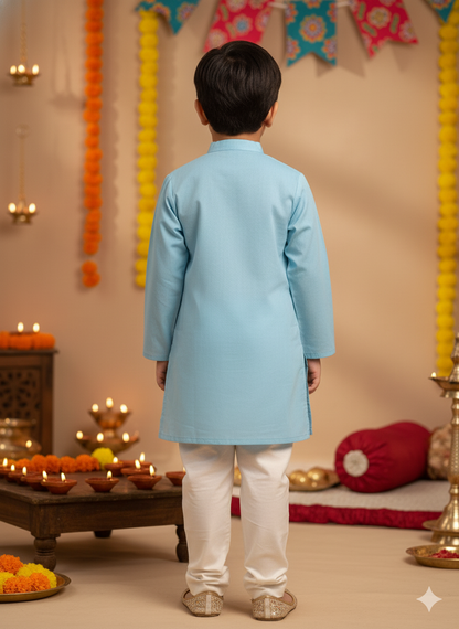 Sky Blue Lotus embroided Kurta -Pyjama