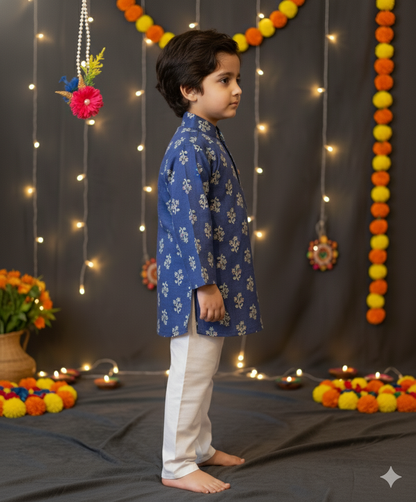 Navy Blue Block Printed Kurta -Pyjama