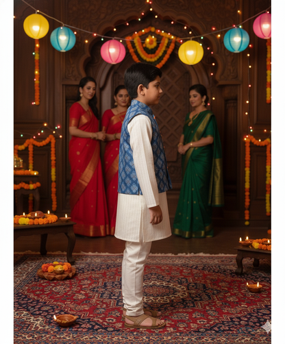 Royal Blue Jaal Buta Jacket with Kurta Pyjama