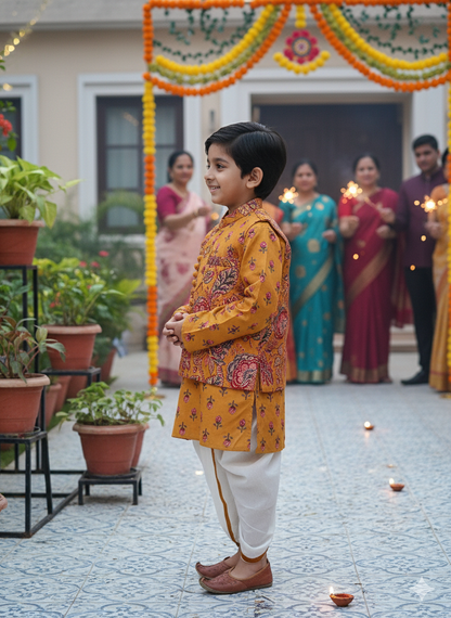 Mustard block printed Jacket with Kurta -Dhoti