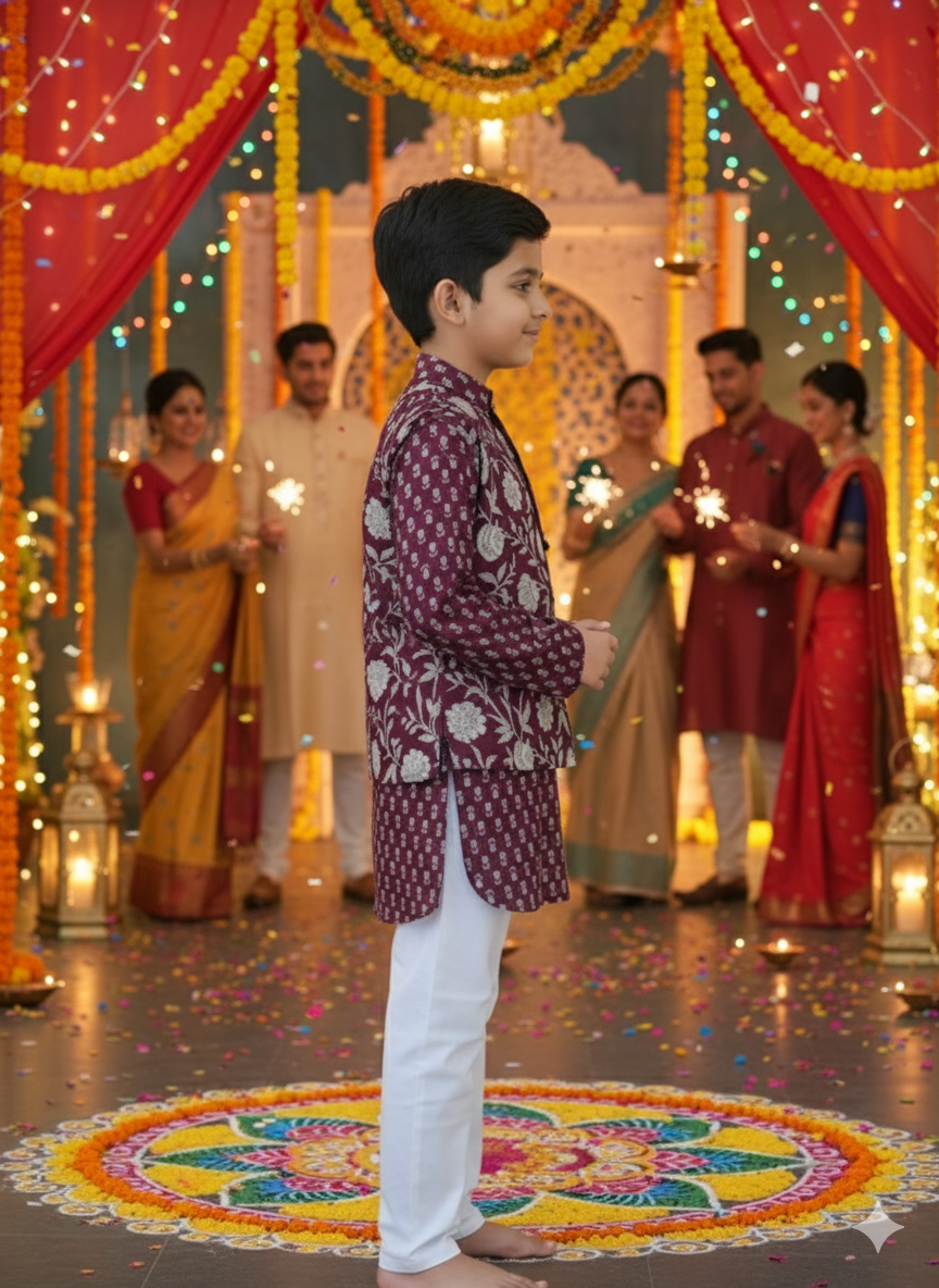 Mehroon Genda fool  Jacket with Kurta -Pyjama