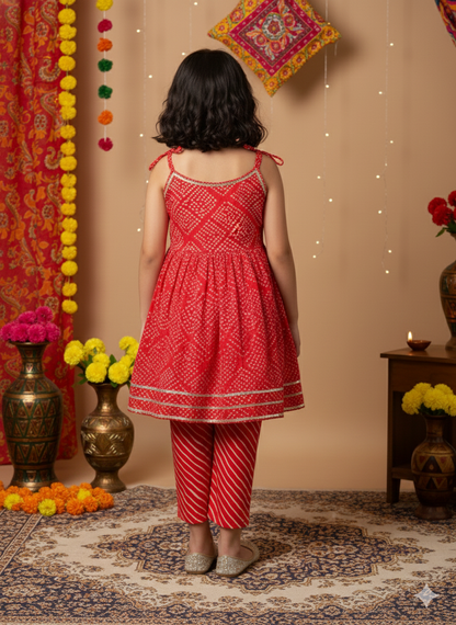 Jaipuri Print Red Colour Girls Flare Suit Set