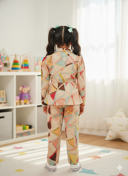 Peach Colour geometric Print Girls Co-Ord Set