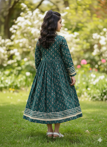 Green Block Printed Cotton Gown For girls