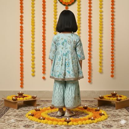 Tea Green Colour floral Print Ankarkali Suit with Sharara