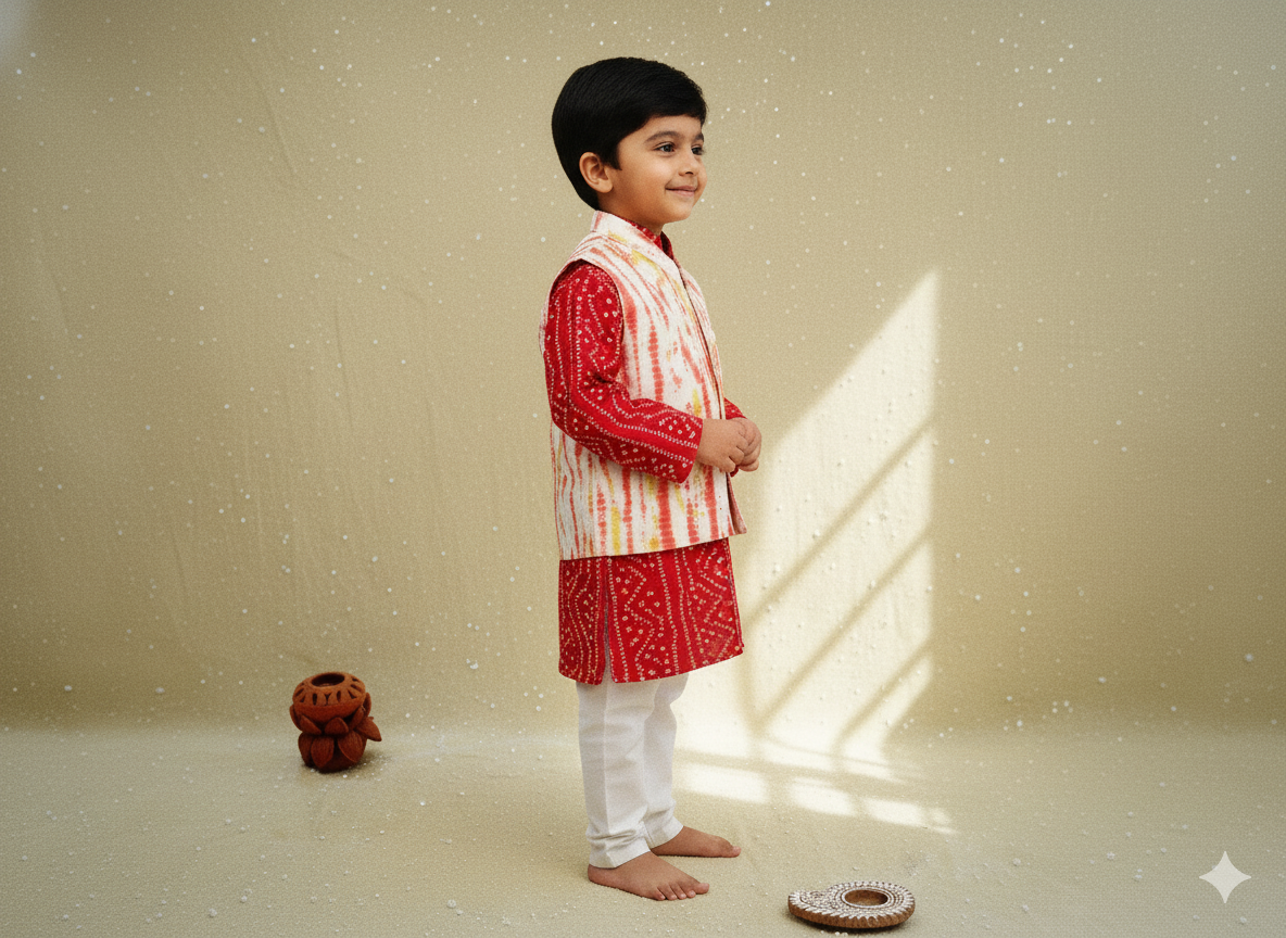 Red Tie and Dye Jacket with Bandhej Kurta-Pyjama
