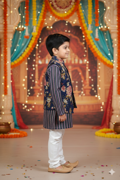 Royal Blue Fulwari Print Jacket with Kurta-Pyjama
