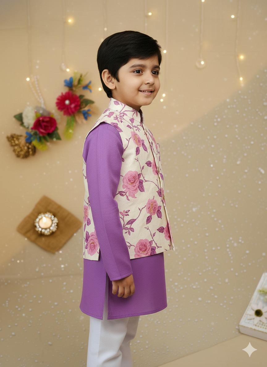 Lavender rose print kurta Pyjama with jacket