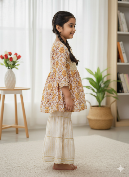 Screen Print Yellow Color Anarkali suit With Sharara