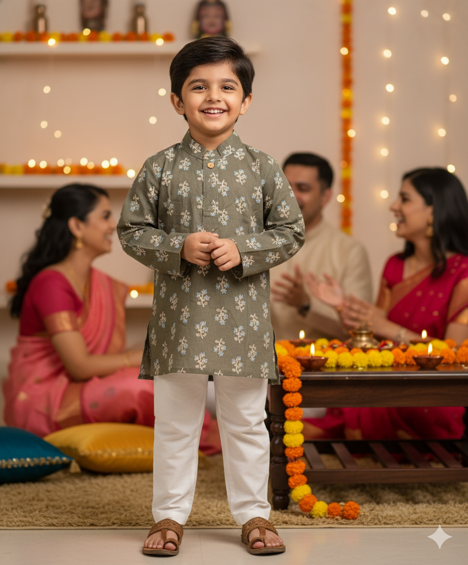 Olive green block printed Kurta -Pyjama