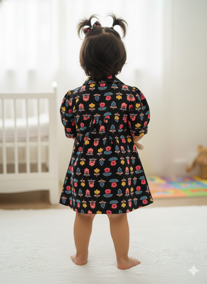 Flower Printed Black color Summer Frock For girls