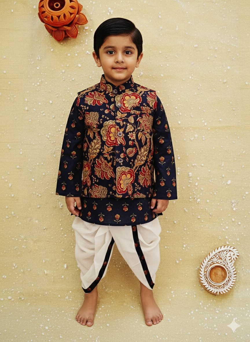 Navy Blue block printed Jacket with Kurta -Dhoti