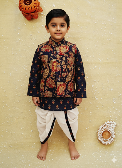 Navy Blue block printed Jacket with Kurta -Dhoti