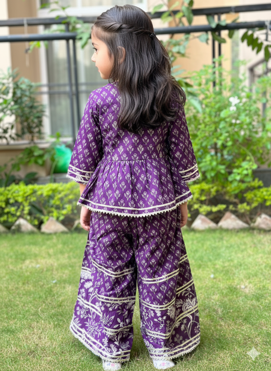 Purple Floral Printed Anarkali Kurta with Palazzo