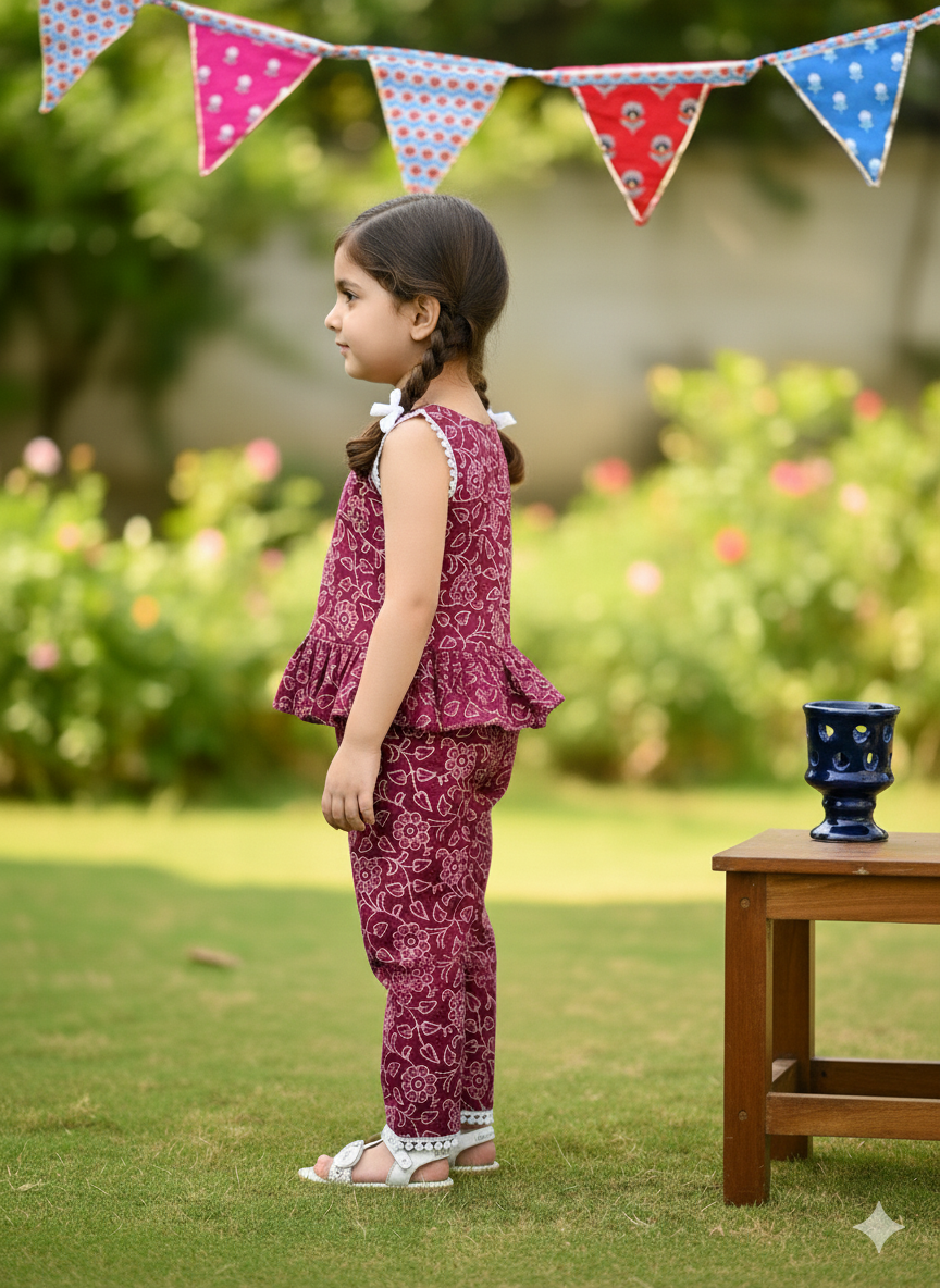 Wine Colour Discharge printed Girls Co-ord Set