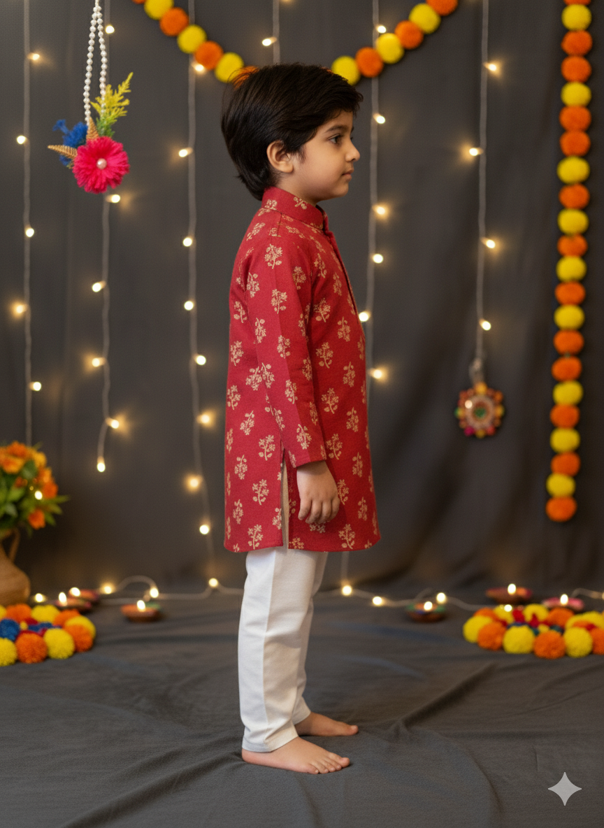 Mehroon Colour Block Print Kurta Pyjama