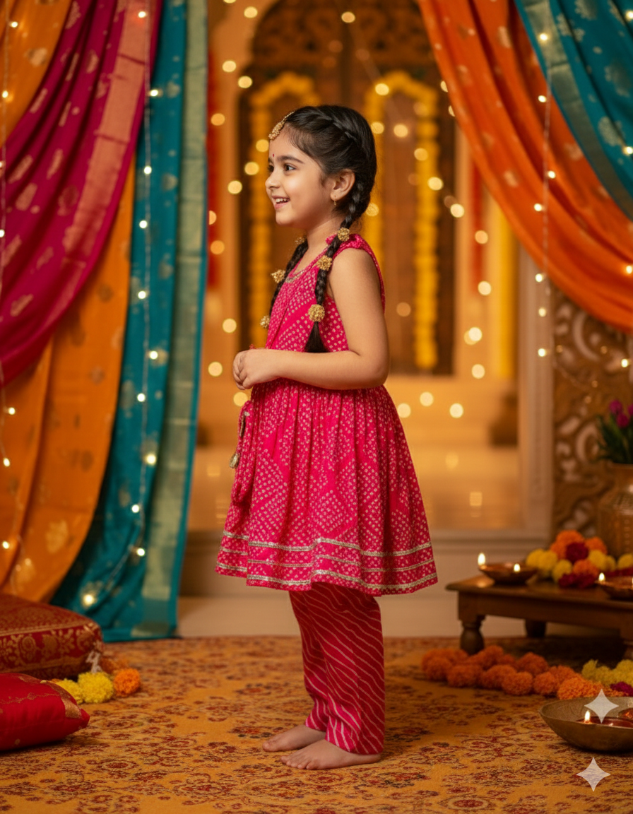 Jaipuri Print Rani Pink Colour Girls Flare Suit Set