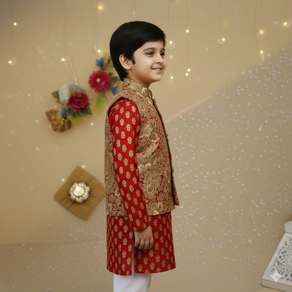Red Jaal -Buta Jacket with Kurta -Pyjama