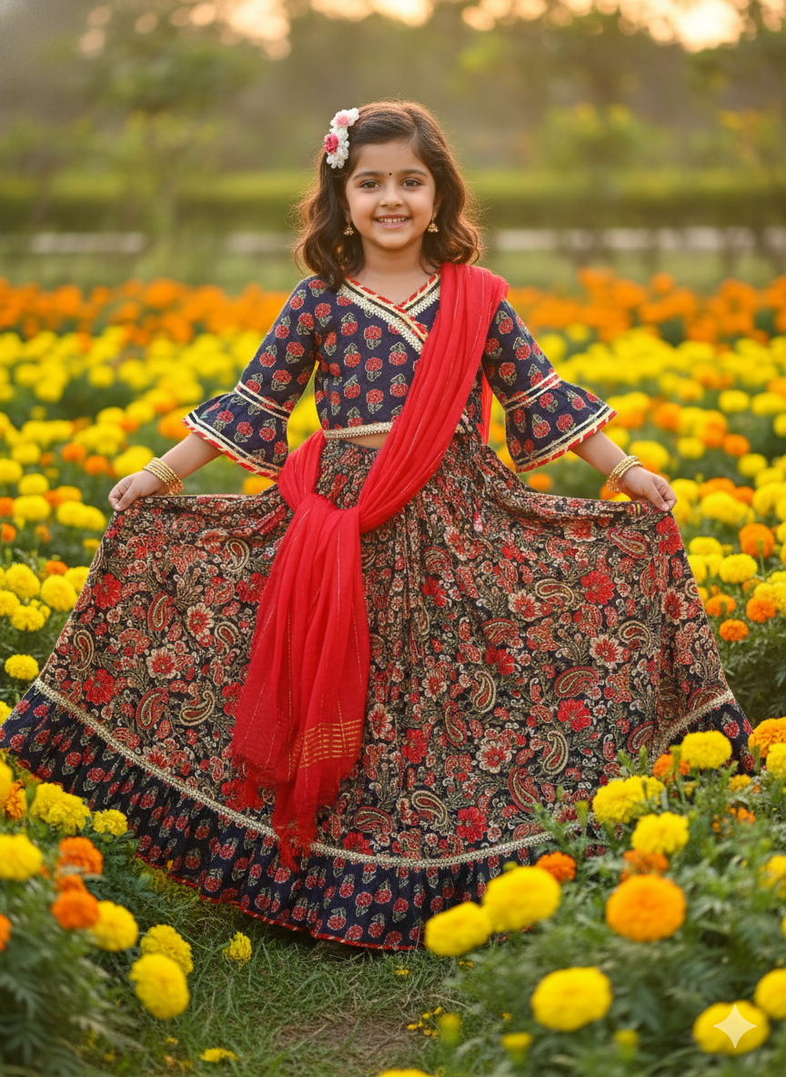 Block Print Navy Blue Coloured Lehenga Choli