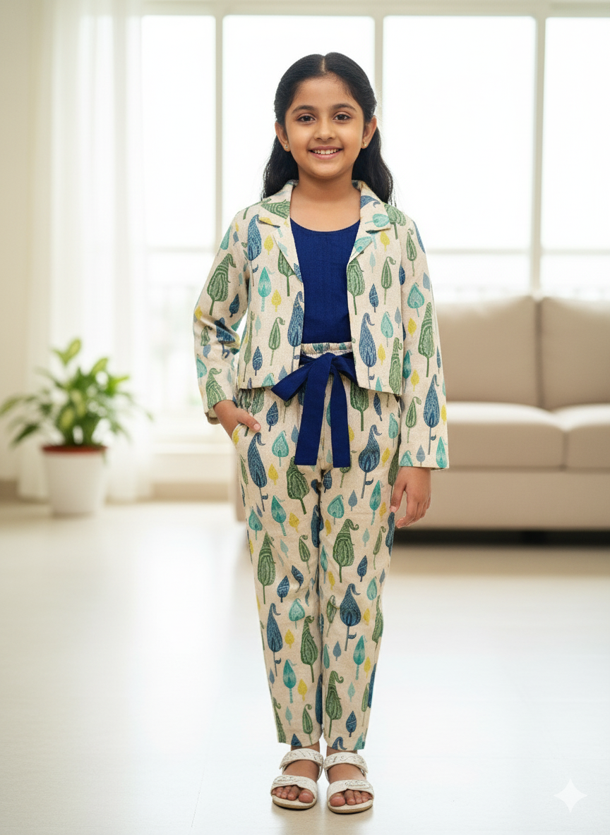 Blue Block Printed 3 Piece Girls Co-Ords