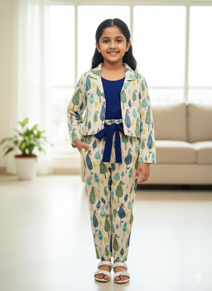 Blue Block Printed 3 Piece Girls Co-Ords