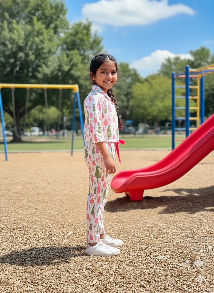 Pink Block Printed 3 Piece Girls Co-Ords