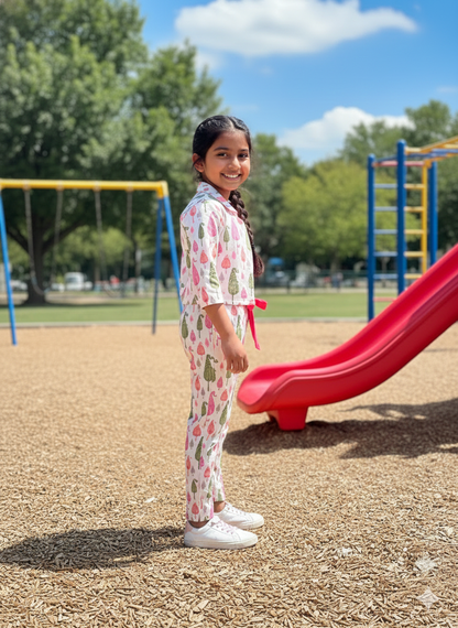 Pink Block Printed 3 Piece Girls Co-Ords