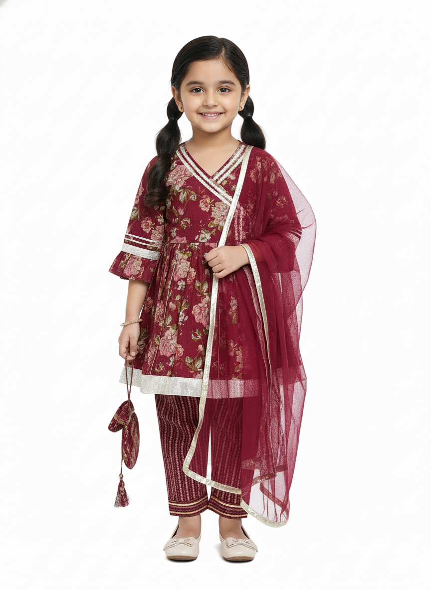 Maroon Floral Printed Girls Flare Suit Set