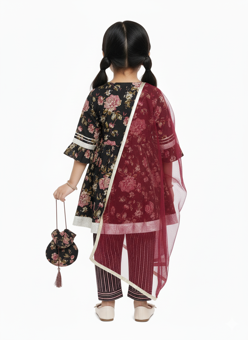 Black Floral Printed Girls Flare Suit Set