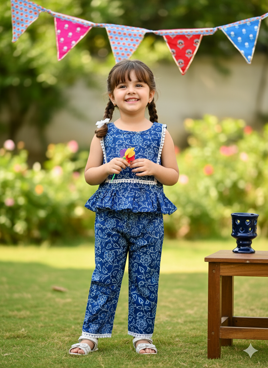 Indigo Blue Discharge printed Girls Co-ord Set