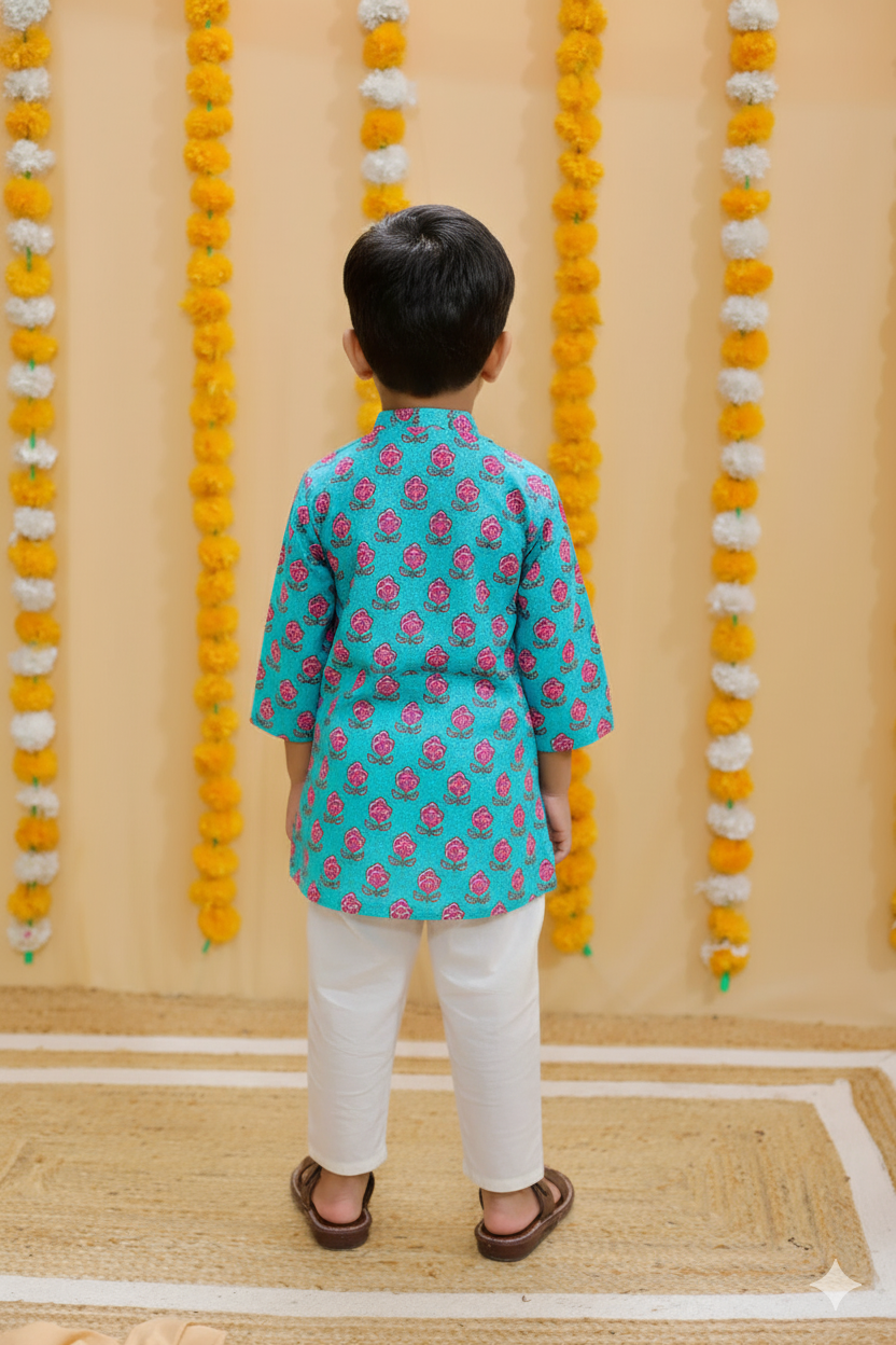 Sea Green Block Printed Boy's Kurta