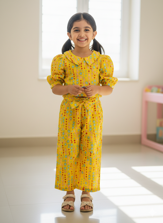 Yellow Coloured polka dots Printed Girls Co-Ords