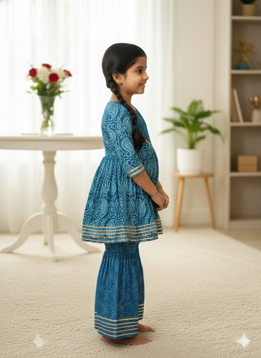Block Printed Blue Colour Anarkali Suit with Sharara